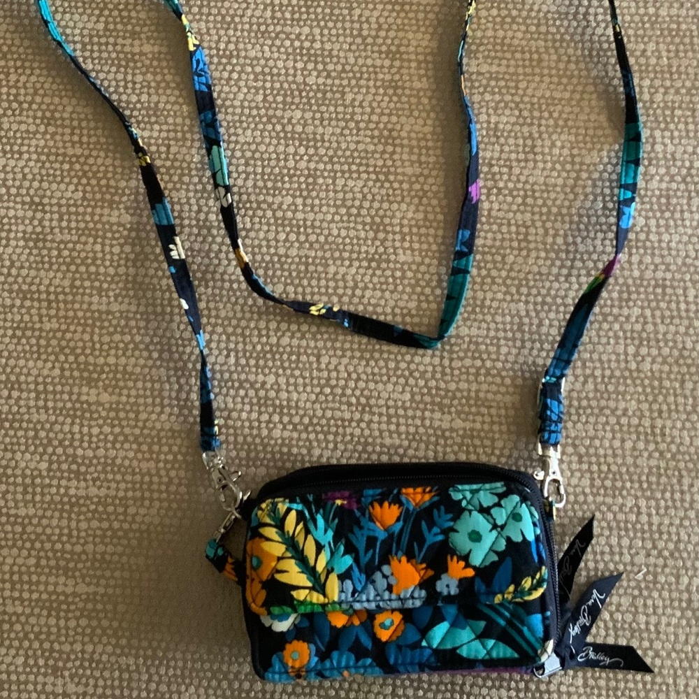 VERA BRADLEY CROSS BODY WALLET BLUE FLORAL 4” by 6”